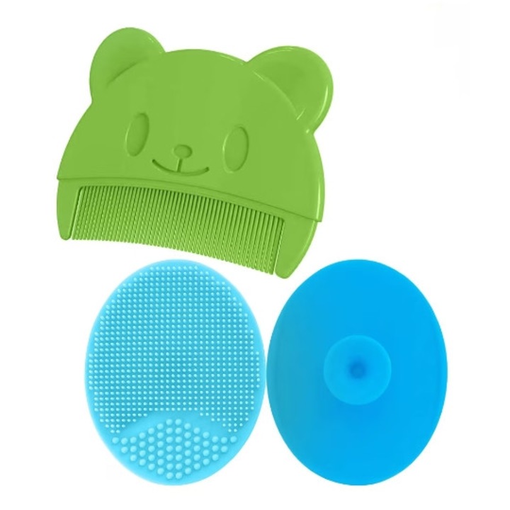 Perie de baie si pieptan pentru bebelusi, indepartare crustelor, silicon, verde/albastru