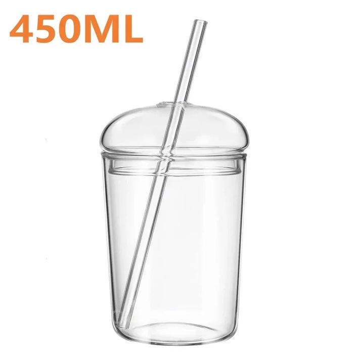 Pahar din sticla cu capac si pai, 450ml, transparent, set reutilizabil