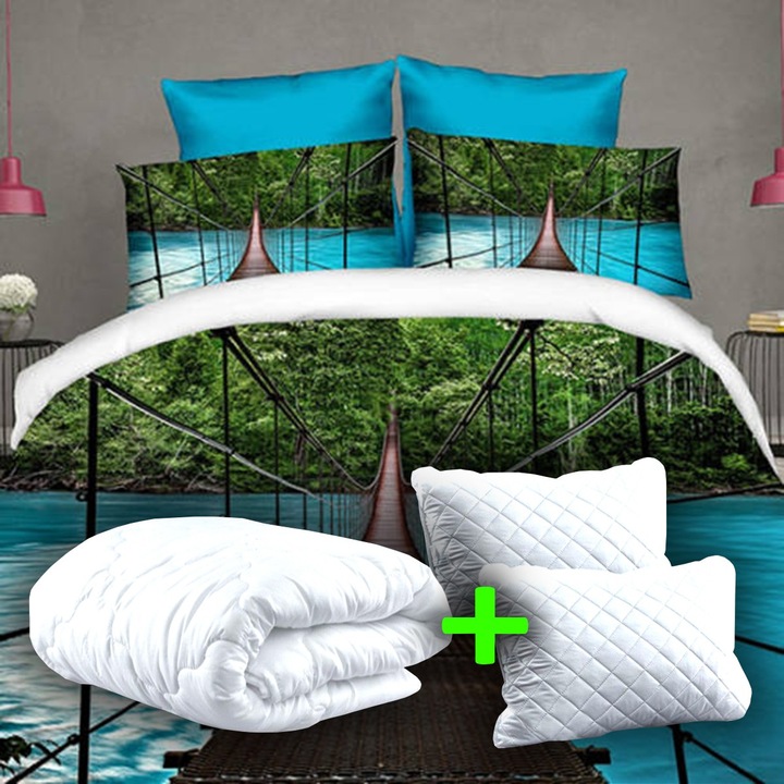 Pachet economic lenjerie pat dublu digital print 3D + 2 perne matlasate 50x70 cm + pilota 200x215 cm primavara toamna (P3D7)