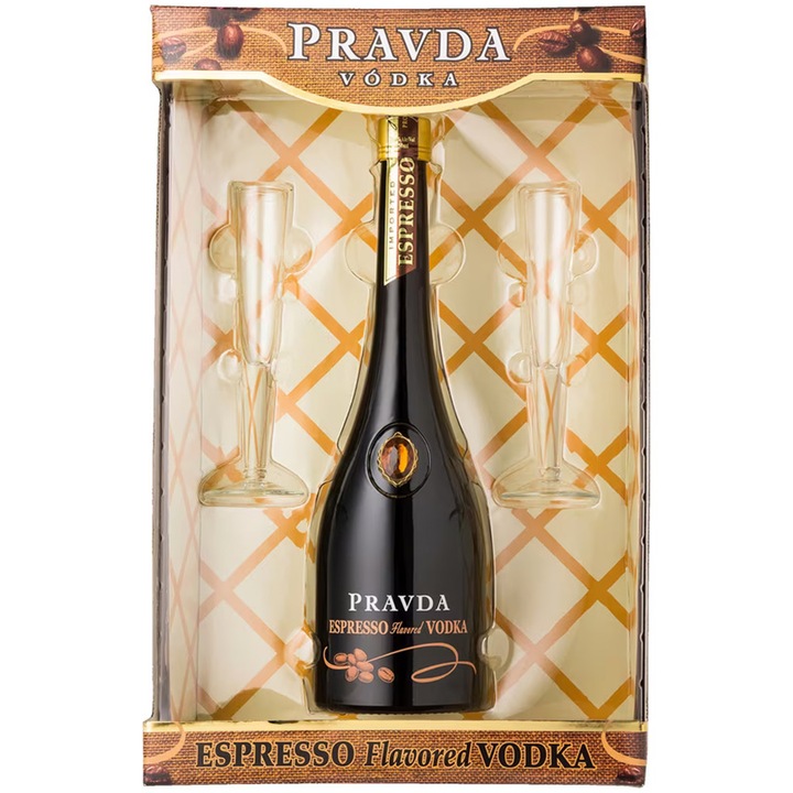 Pravda Vodka Espresso Set + 2 Pahare, 37,5%, 0.7l