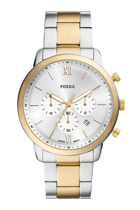 Fossil, Часовник Neutra с хронограф и двуцветна гривна, Сребрист, Златист