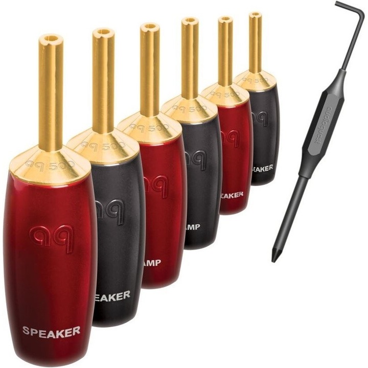 Set 6 conectori banana AudioQuest 507, pozlatuiti, 3 rosii, 3 negri, pentru bi-wiring