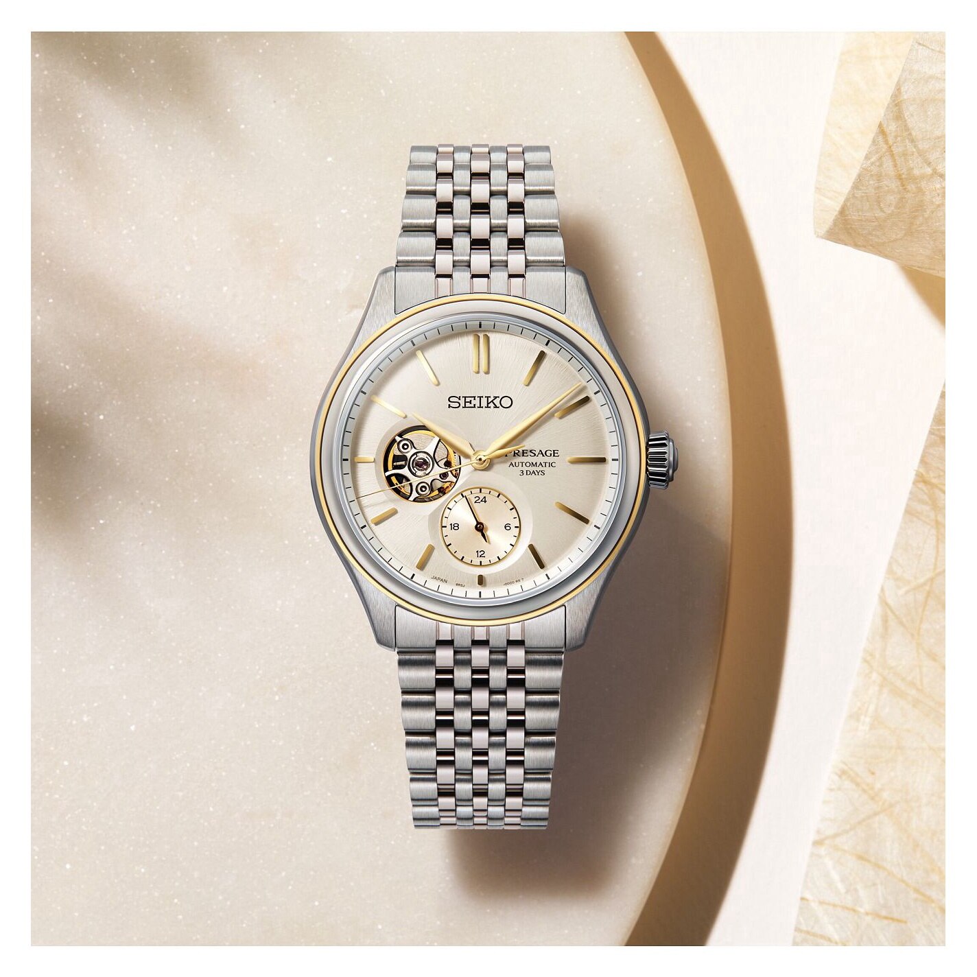 Ceas Seiko Classic Open Heart Automatic, argintiu, aurie, 40mm