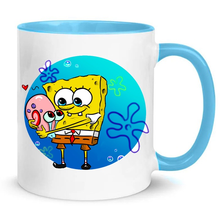 Cana ceramica SpongeBob cu Gary, 330ml, alb si albastru deschis