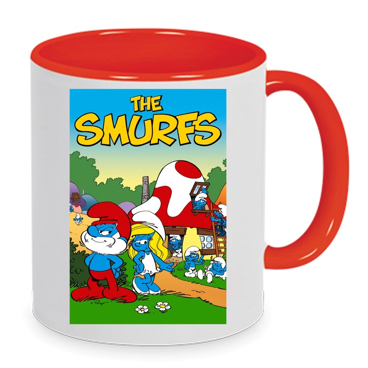 Cana ceramica The Smurfs, 330ml, rosie si alba