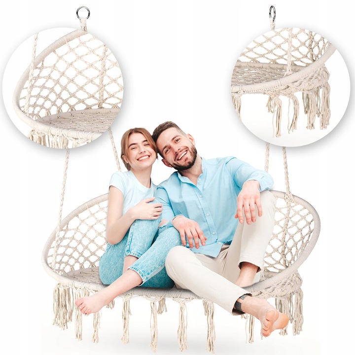 Leagan cu suspendare dublu Boho, 130x75cm, alb, capacitate 200kg