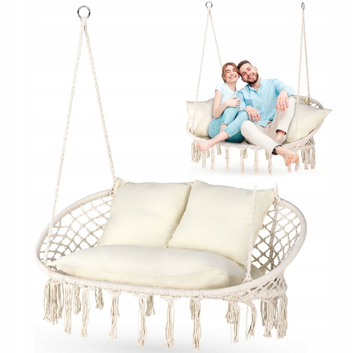 Leagan dublu suspendat Boho cu perne, 130x75cm, alb, capacitate 200kg