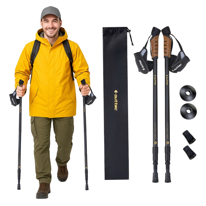 Bete trekking, 3 segmente, carbon, 70-135 cm, cu maner ergonomic din pluta, set complet cu accesorii