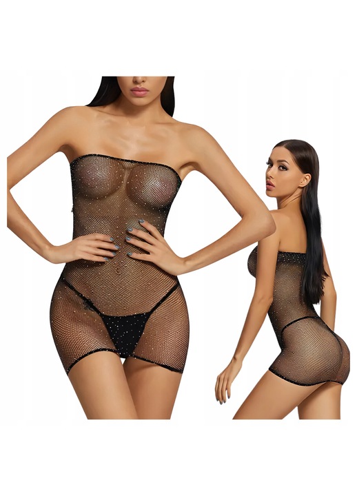 Erochic szexi ruha, harisnyaruha, fekete, hálós, kristályokkal, pánt nélküli, rugalmas, One Size INTL