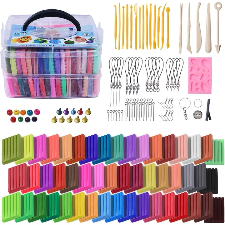 Set plastilina 50 culori, argila polimerica cu matrita, unelte de modelare, ace, prindere breloc si snur telefon, din material non-toxic, in cutie de depozitare