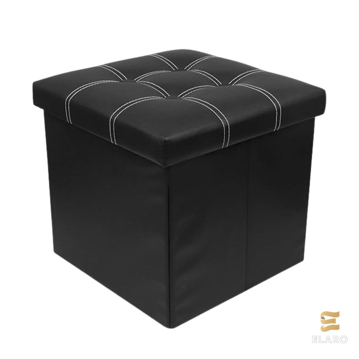 Taburet Pliabil Multifunctional ELARO, Cu Spatiu De Depozitare, Design Modern, Piele Ecologica, 38x38x38 cm, Cu Cusaturi Albe