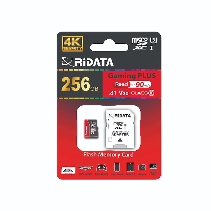 Card Micro SDXC 256GB, Ridata, clasa 10, 4K, UHS-I U3 V30, adaptor SD