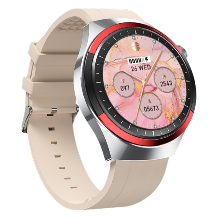 Ceas inteligent pentru femei, Bluetooth 5.3, ecran HD de 1,27”, IP67 rezistent la apa, monitorizare a sanatatii, mod sport, multifunctii, bej