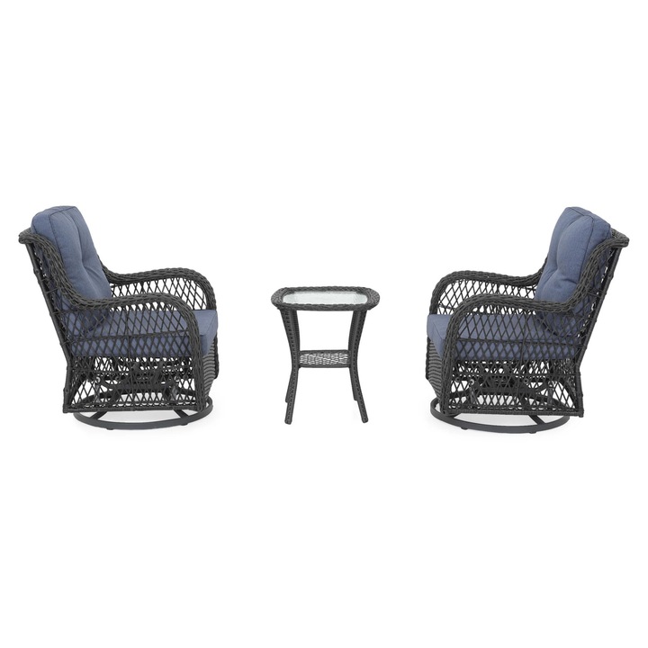 Set mobilier gradina/terasa 2 fotolii-balansoar rotative si masuta, Maison Mex ARLEAN, mix gri/albastru