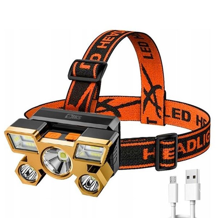 SIKS LED челник, професионален, USB зареждане, 4 светлинни режима, 5 източника на светлина с висока интензивност, за риболов, лов, работа, индикатор за батерията, USB зареждане, XY501, черен