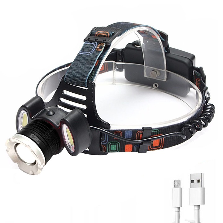 SIKS LED челник, професионален, USB зареждане, 4 светлинни режима, 3 източника на светлина с висока интензивност, за риболов, лов, работа, индикатор за батерията, USB зареждане, T6, черен
