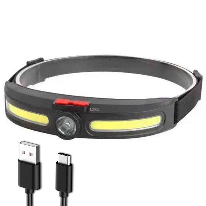 SIKS LED-es fejlámpa, Professzionális, 270 fokos látószög széles, homlokpozícionálás, USB töltés, 4 fénymód, 3 nagy intenzitású fényforrás, 25 LED, horgászathoz, vadászathoz, munkához, akkumulátorjelző, USB töltés, JS920, fekete