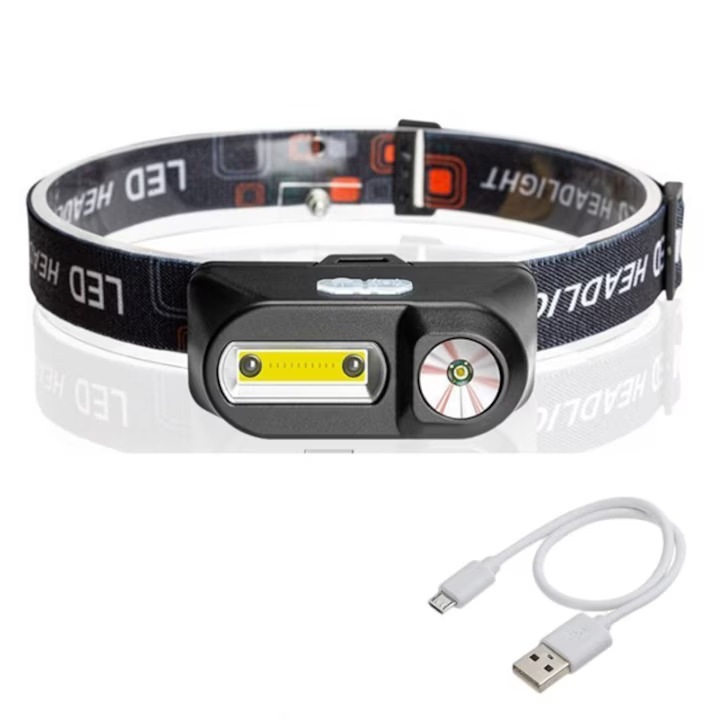 Kludoo® LED челник, сензор за движение, USB зареждане, XPE + COB, фенерче за риболов, лов, къмпинг