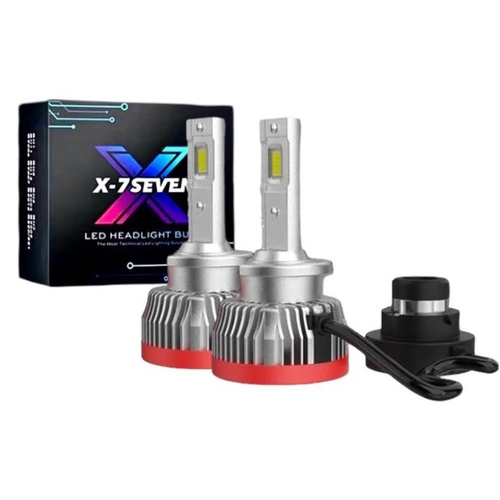 LED izzók D2S/D2R X-7SEVEN 110W, 26000LM, 6500K hideg fehér, 500%-kal jobb láthatóság, CSP chip, Canbus Anti-Error, IP68, turbó hűtés ventilátorral, 50 000 óra élettartam, Plug & Play telepítés, rendkívül erős világítás