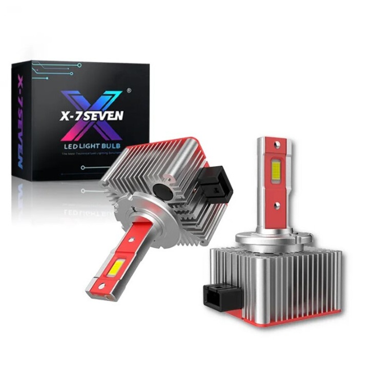 D3S/D3R X-7SEVEN 110 W-os LED izzók, 26000LM, 6500K hideg fehér, 500%-kal jobb láthatóság, CSP chip, Canbus Anti-Error, IP68, turbóhűtés ventilátorral, 50 000 óra élettartam, Plug & Play telepítés, rendkívül erős világítás