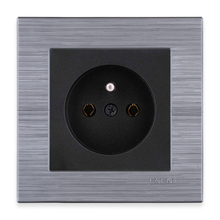 Set priza electrica cu impamantare tip E, negru metalizat, rama simpla otel, 250V, 16A