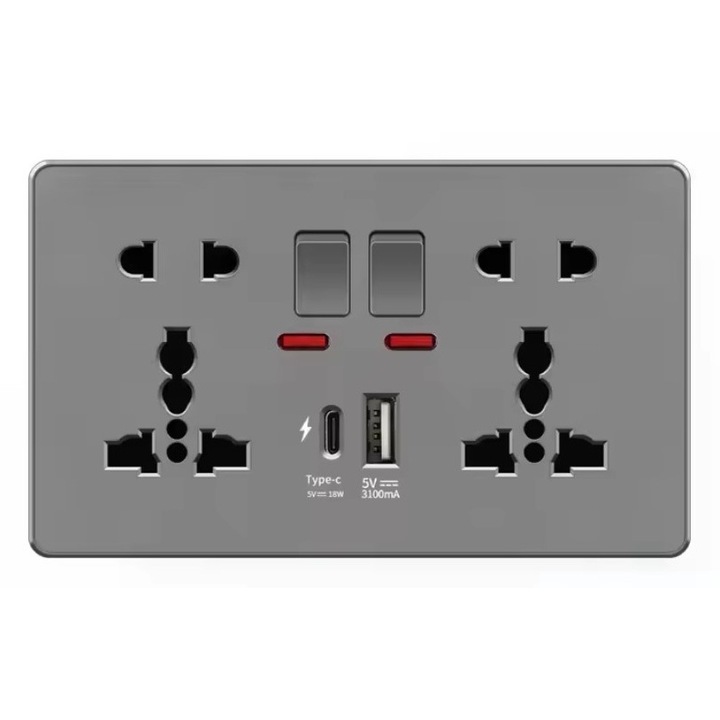 Универсален Type-C 18W 5V 3100mA двоен стенен контакт, 4A интелигентен интерфейс за бързо зареждане, управление с превключвател, USB и USB-C порт, тъмно сив