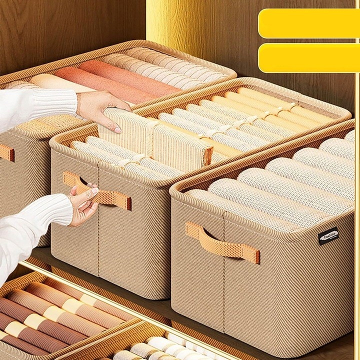 OEM Кутия за съхранение, за дрехи, вещи, изработена от текстил с метална рамка, странични дръжки, правоъгълна форма, 48 x 28 x 25 см, обем 34 л, каки