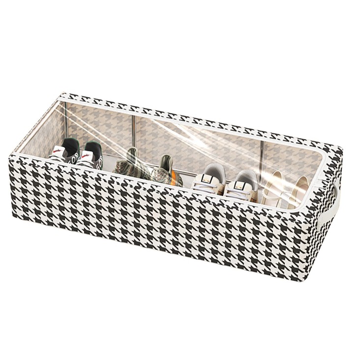 Cutie Depozitare cu Cadru Metalic, pentru Incaltaminte, Haine, Lingerie, Fermoar Calitativ, Fereastra Transparenta, Manere Laterale, 60 X 30 X 16 cm, Alb Negru, Stef's Cat