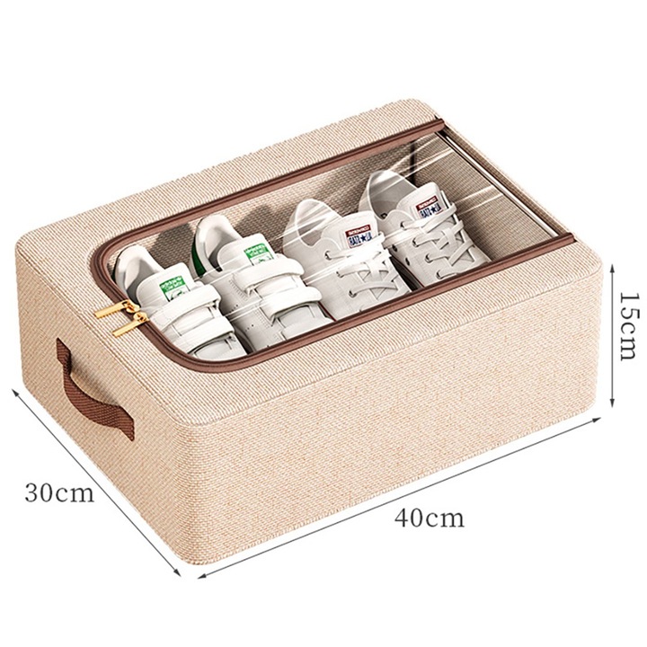 Cutie Depozitare cu Cadru Metalic, pentru Incaltaminte, Haine, Lingerie, Fermoar Calitativ, Fereastra Transparenta, Manere Laterale, 40 X 30 X 15 cm Bej, Stef's Cat