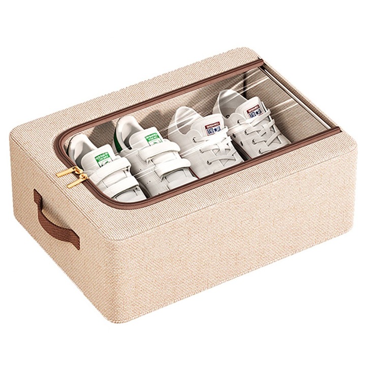 Cutie depozitare cu cadru metalic, fermoar, fereastră transparentă, 40x30x15cm, bej