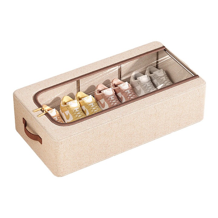 Cutie Depozitare cu Cadru Metalic, pentru Incaltaminte, Haine, Lingerie, Fermoar Calitativ, Fereastra Transparenta, Manere Laterale, 60 X 30 X 15 cm Bej, Stef's Cat