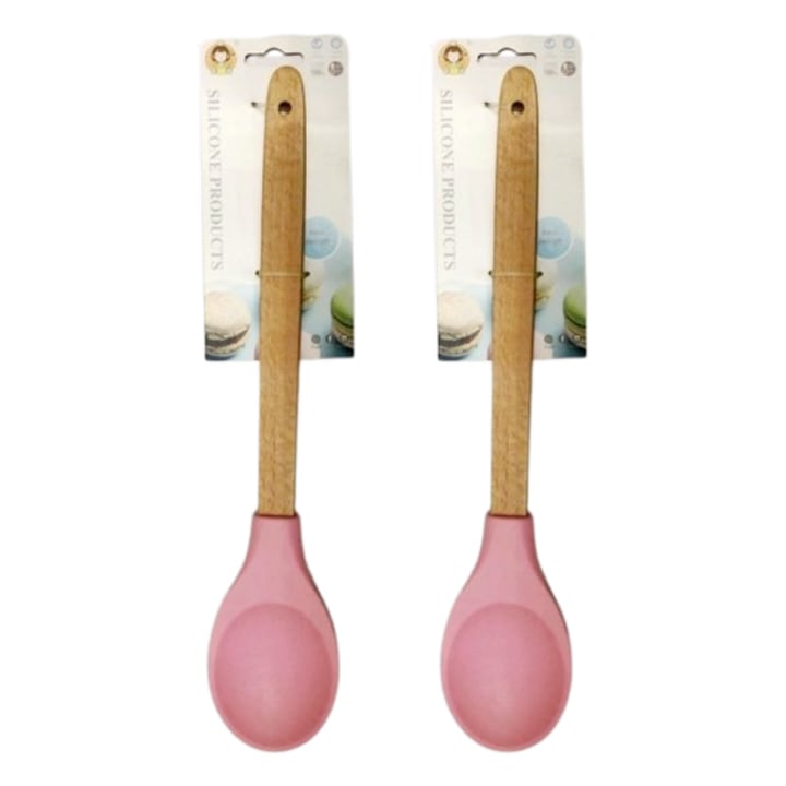 Set 2 linguri din silicon cu maner lemn, Roz