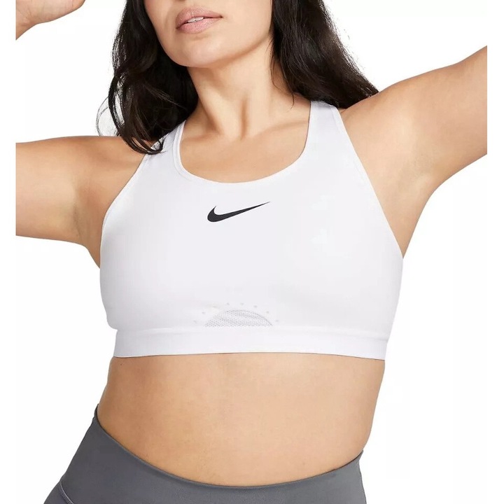 Дамски бял спортен сутиен Nike Dri-Fit Swoosh с висока поддръжка, размер XL, CE размер на чашката, регулиране на велкро