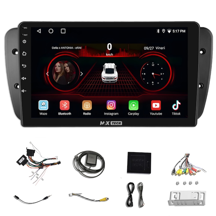 Seat Ibiza (2008 - 2017) navigáció Android 13-hoz és Carplay-hez, MaxTech®, 9 hüvelykes IPS képernyő, Youtube, GPS funkciók, WIFI, rádió, RDS, EQ, DSP, Bluetooth, Waze, Youtube, Play Áruház, Mirrorlink