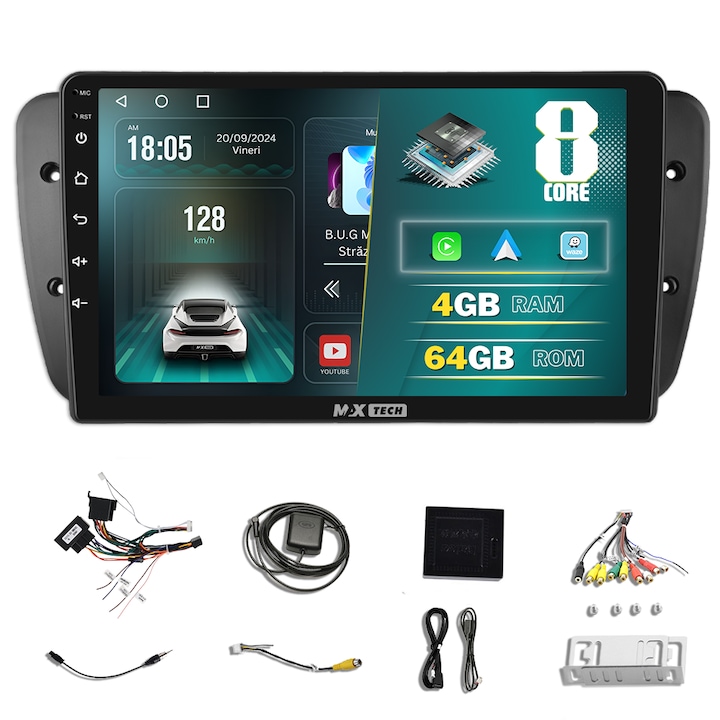 Seat Ibiza (2008 - 2017) dedikált navigáció Android 13 és Carplay rendszerhez, MaxTech®, 9" IPS képernyő, 4 GB RAM 64 GB ROM, DSP, EQ, GPS funkciók, WIFI, RDS, rádió, Bluetooth, Youtube, Play Áruház, Waze