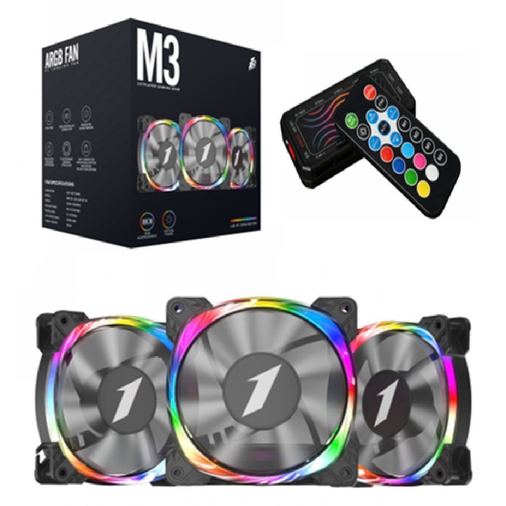 Комплект от 3 вентилатора 1stPlayer® COMBO M3-bk Firemoon, aRGB, контролер и дистанционно управление, черни