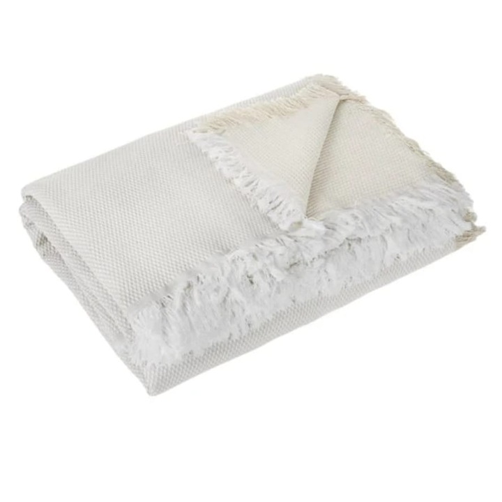 Cuvertura decorativa pentru canapea, cu franjuri, alb/ecru, cu 4 locuri, 340 x 180cm