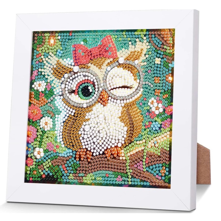 Set de Pictura cu Diamante, pentru copii de la 6 la 12 ani, Bufnita si Floricele, Multicolor, 18x18cm - Cadouri de Paste pentru bebelusi, copii, baieti si fete