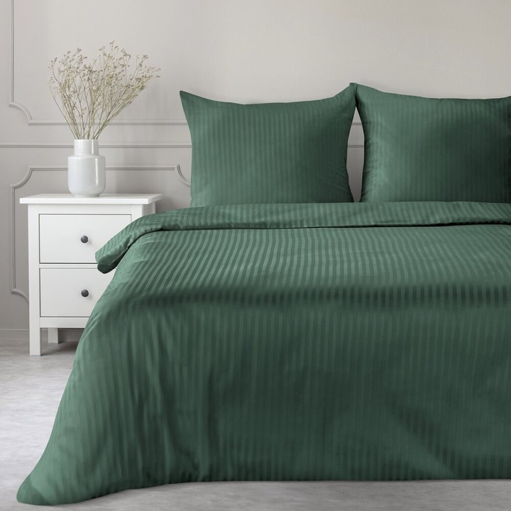 Ágyneműhuzat garnitúra, 140x200cm, Eurofirany, pamutszatén, sötétzöld, csíkos