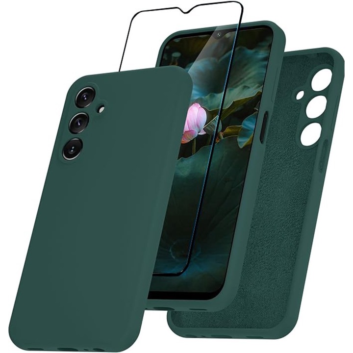 Set Husa si Folie pentru Samsung Galaxy A16 5G DaDen, Interior microfibra, Silicon, Protectie Sporita, Folie din sticla securizata, Verde inchis