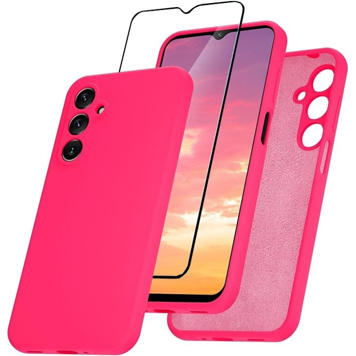 Комплект калъф и фолио за Samsung Galaxy A16 5G DaDen, интериор от микрофибър, силикон, подобрена защита, фолио от закалено стъкло, неоново розово