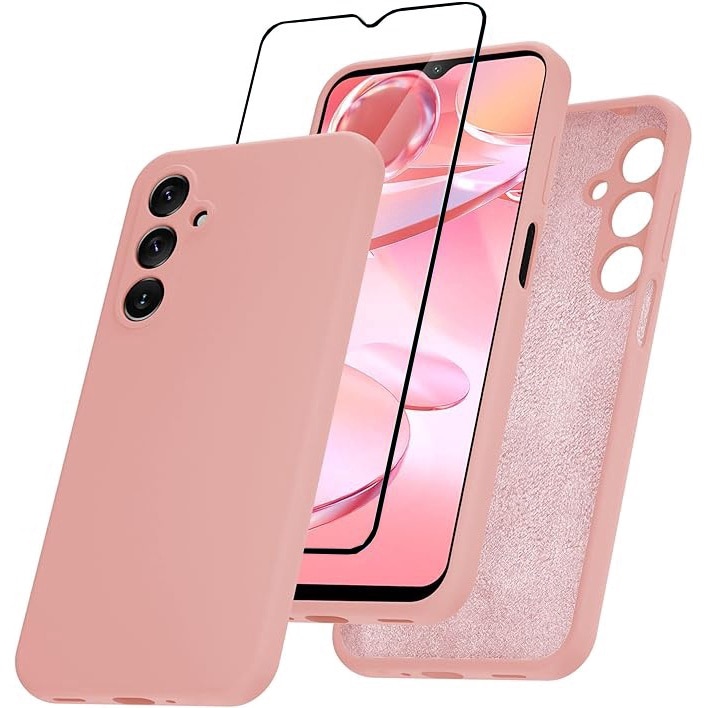 Set Husa si Folie pentru Samsung Galaxy A16 5G DaDen, Interior microfibra, Silicon, Protectie Sporita, Folie din sticla securizata, Roz nisipiu