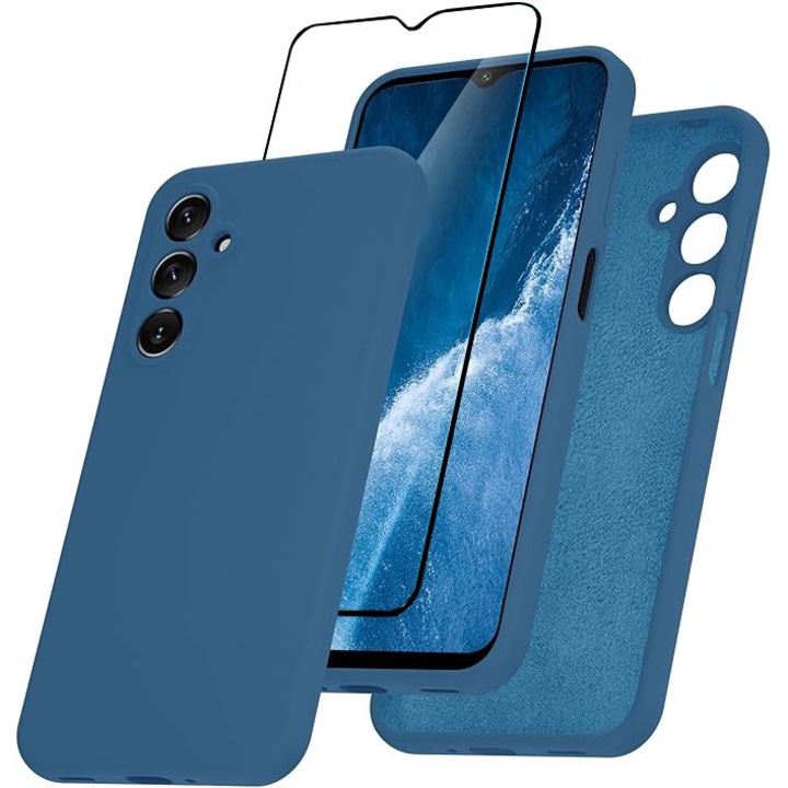 Set Husa si Folie pentru Samsung Galaxy A16 5G DaDen, Interior microfibra, Silicon, Protectie Sporita, Folie din sticla securizata, Albastru