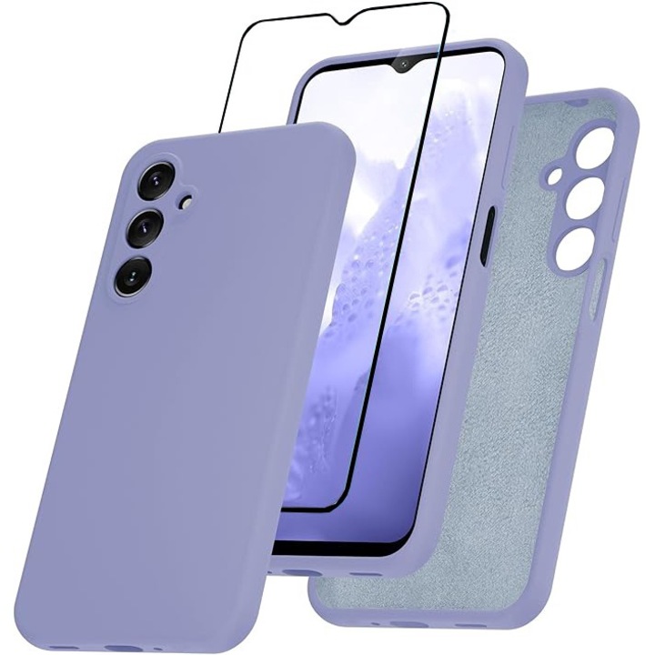 Set Husa si Folie pentru Samsung Galaxy A16 5G DaDen, Interior microfibra, Silicon, Protectie Sporita, Folie din sticla securizata, Mov deschis