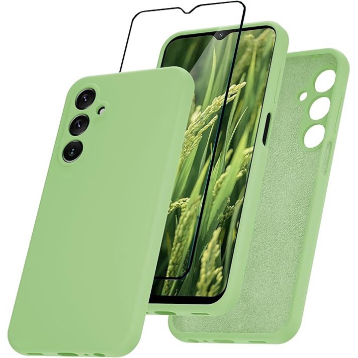 Set Husa si Folie pentru Samsung Galaxy A16 5G DaDen, Interior microfibra, Silicon, Protectie Sporita, Folie din sticla securizata, Verde menta