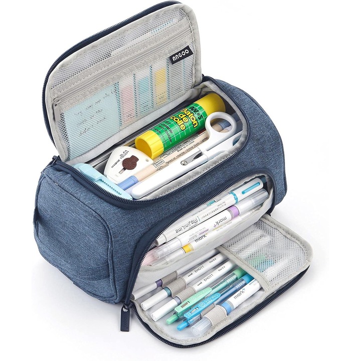 Nagy kapacitású tolltartó, nagy, nagy tárolótasak, jelölő utazótáska, egyszerű írószertáska, iskola, asztali rendszerező tinédzser lányoknak, felnőtt diákoknak, kék