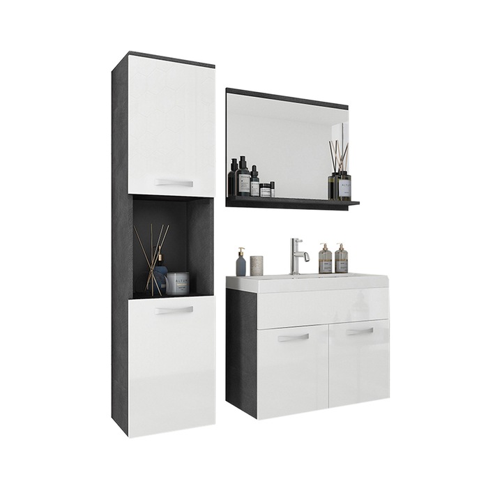 Mobilier de baie Floryna, MIRJAN24, cu Chiuveta si Sifon, matera / alb lucios