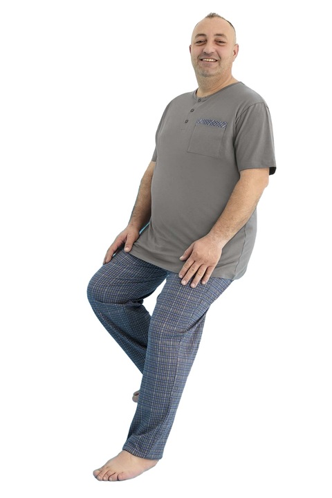 Férfi pizsama, nagy méretek, póló hosszú nadrággal, 100% pamut, Aydogan, Szürke