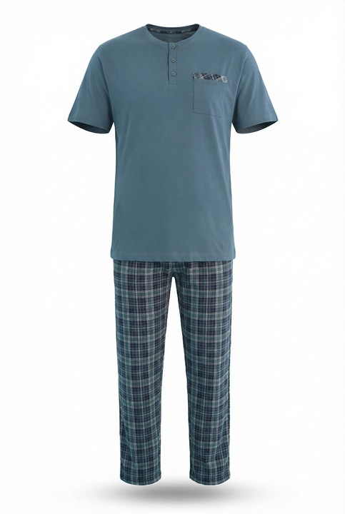 Pijama de barbati, marimi mari, tricou cu pantaloni lungi, 100% bumbac, Aydogan, Albastru