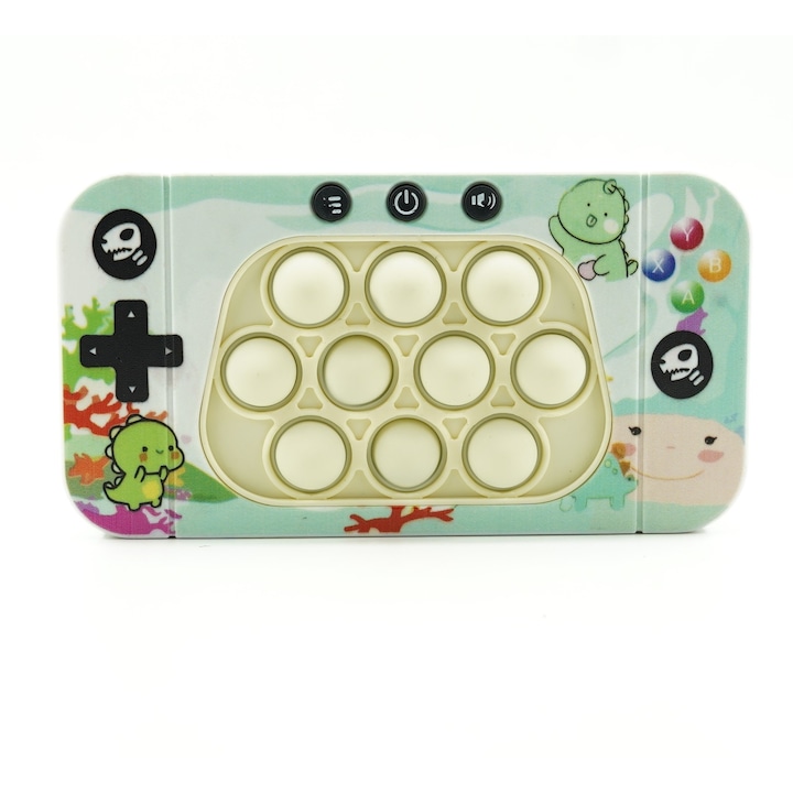 Интерактивна играчка тип конзола за деца By Fitilomania, бързо натискане whack-a-mole, игра за скорост pop it, материал ABS/силикон, с нива, звуци и светлини, 15.5 x 7.6 x 5.3 см, модел динозавър, зелен